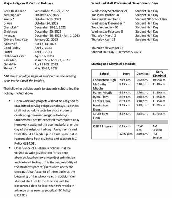 202223 Calendar Chelmsford Public Schools