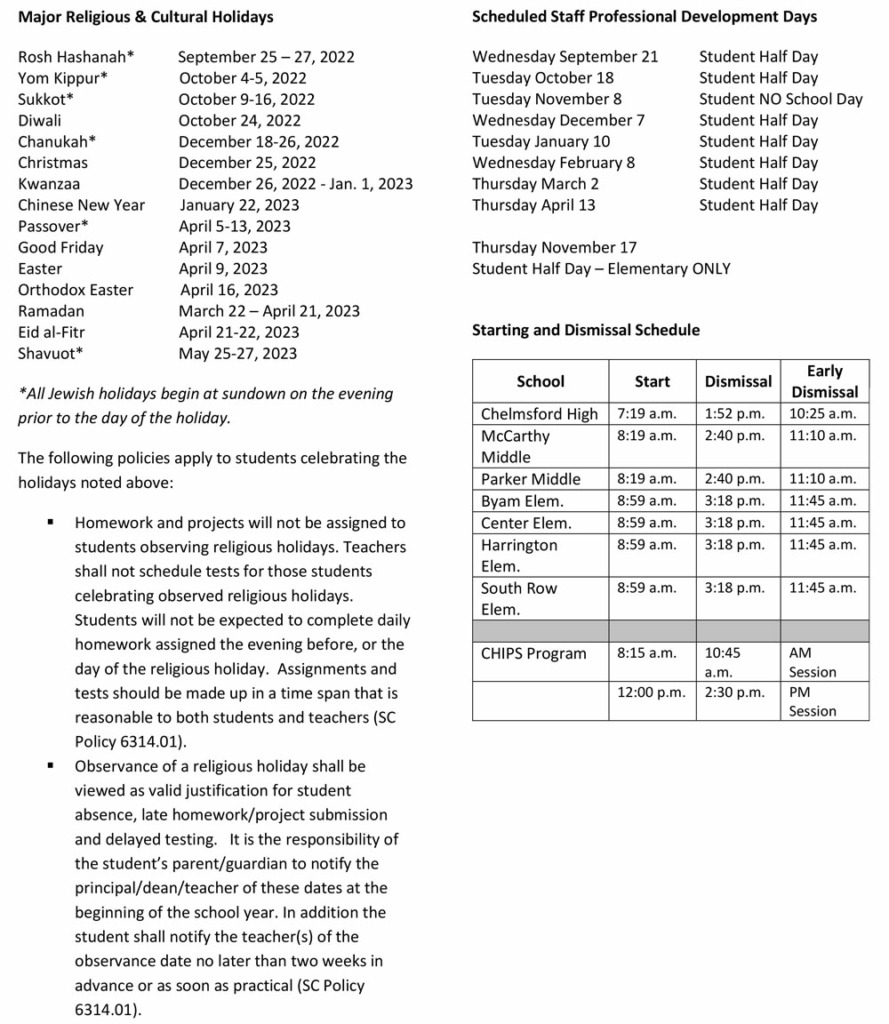 202223 Calendar Chelmsford Public Schools