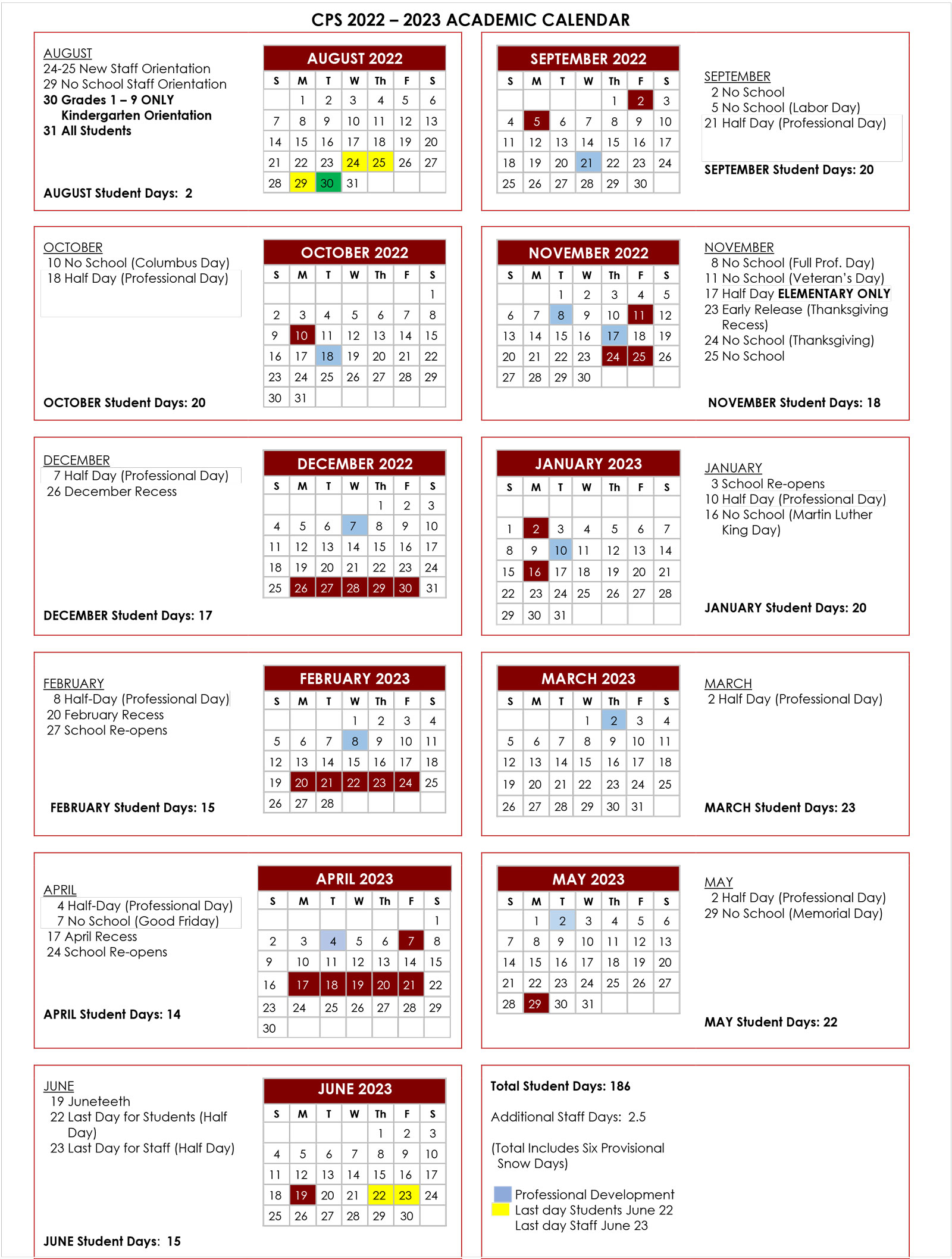 202223 Calendar Chelmsford Public Schools