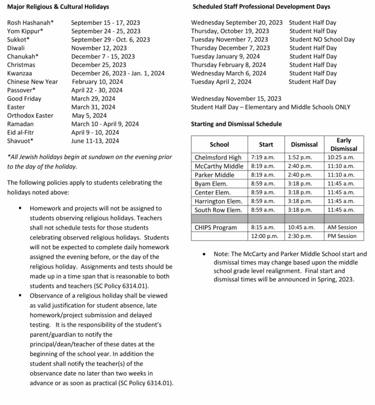 202324 Calendar Chelmsford Public Schools