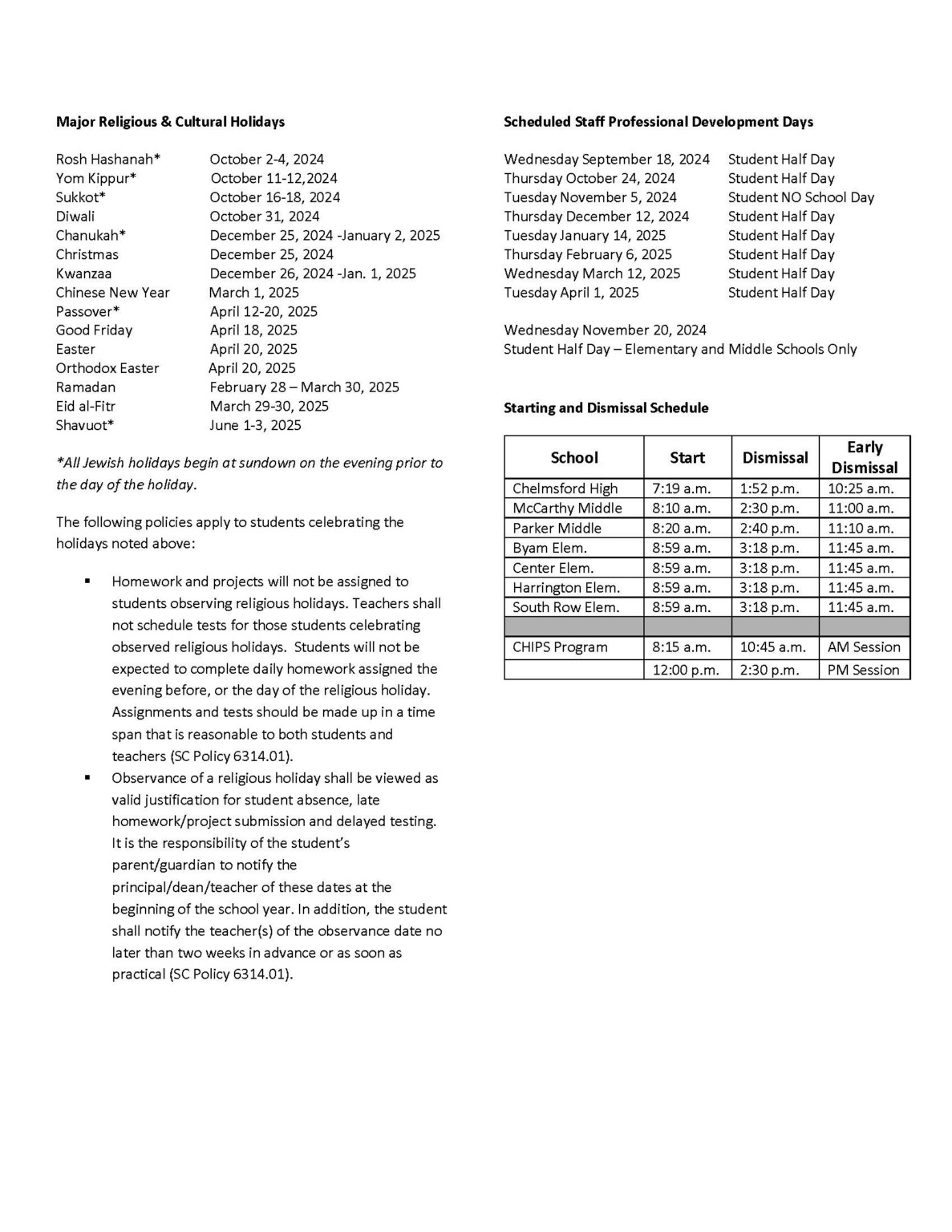 202425 Calendar Chelmsford Public Schools
