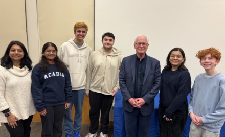Members of the Chelmsford High School Ecology Club discussed school-based sustainability projects with Massachusetts State Senator Michael Barrett (third from right) at the Chelmsford Library back in February.