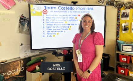Sarah Costello, a first grade teacher at South Row Elementary School in Chelmsford has been named a finalist for Massachusetts Teacher of the Year.