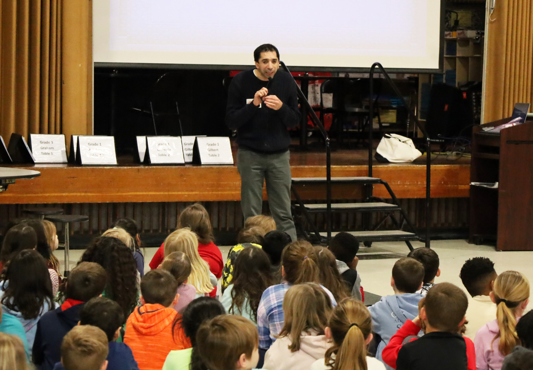 IMG_8857 Sam Drazin, an internationally recognized educator and founder of Changing Perspectives, held an assembly for first and second grade students at Harrington Elementary School in Chelmsford on Monday, January 12, 2026.