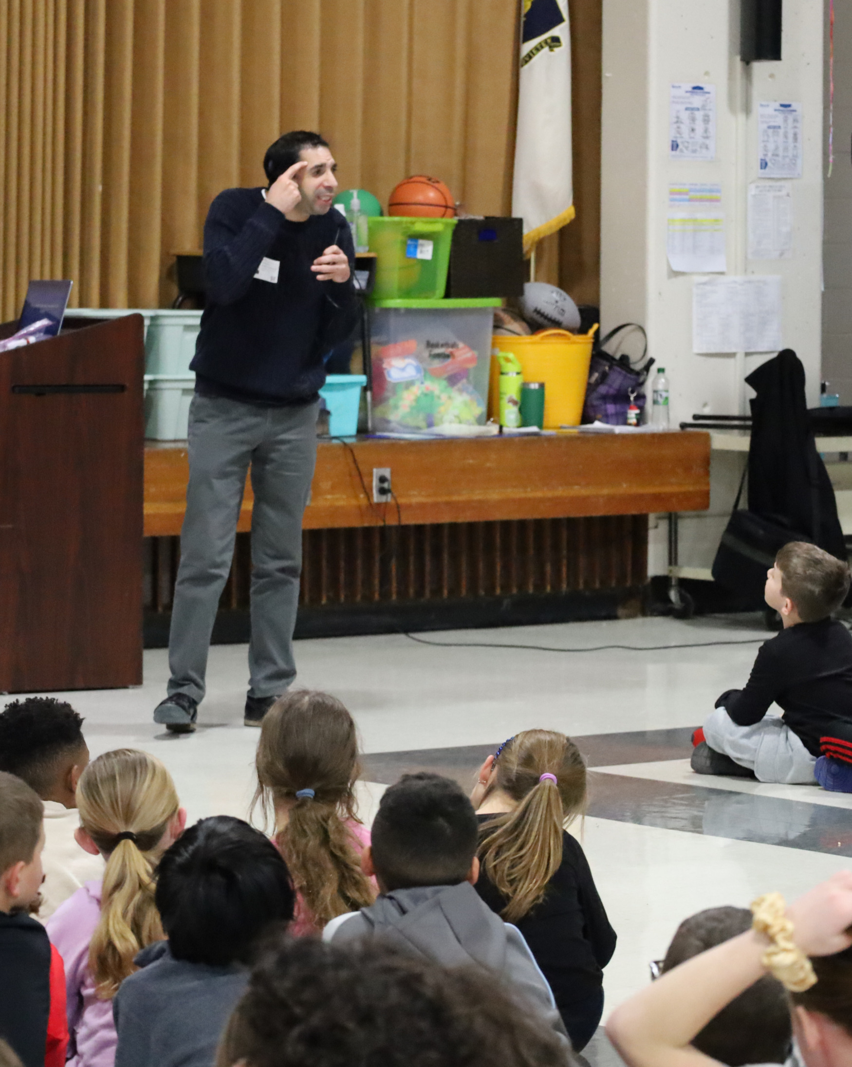 IMG_8858 Sam Drazin, an internationally recognized educator and founder of Changing Perspectives, held an assembly for first and second grade students at Harrington Elementary School in Chelmsford on Monday, January 12, 2026.