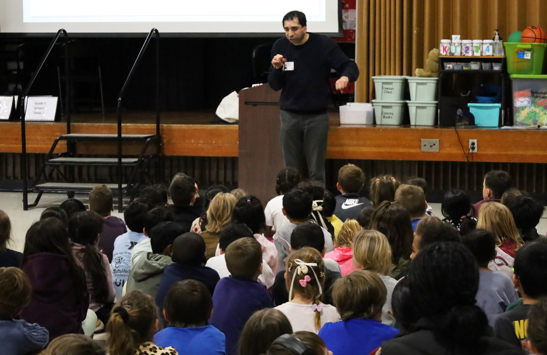 IMG_8861 Sam Drazin, an internationally recognized educator and founder of Changing Perspectives, held an assembly for first and second grade students at Harrington Elementary School in Chelmsford on Monday, January 12, 2026.