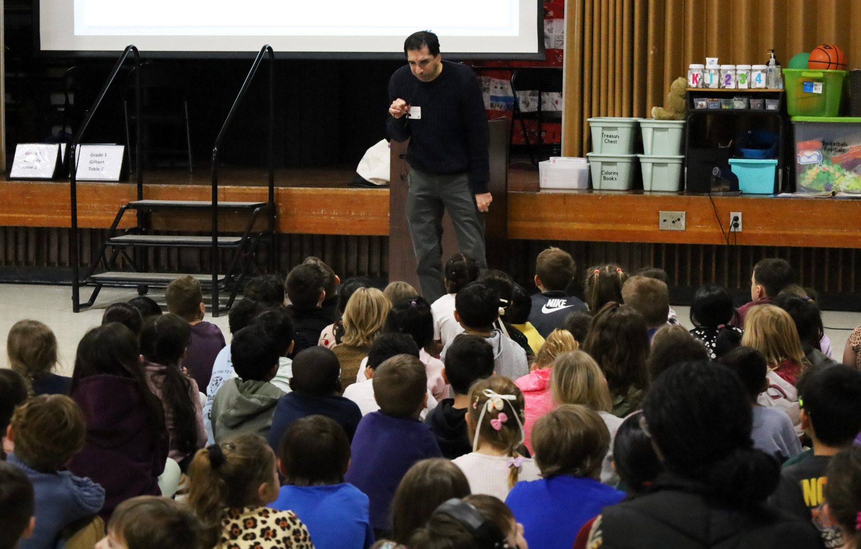 IMG_8862 Sam Drazin, an internationally recognized educator and founder of Changing Perspectives, held an assembly for first and second grade students at Harrington Elementary School in Chelmsford on Monday, January 12, 2026.