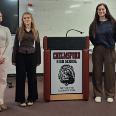 Participants in the Concours Oratoire 2026 held at Chelmsford High School on March 3 were, left to right, Arianna Parks (third place), Anna Gorovits (first place) and Joanna Green (second place).