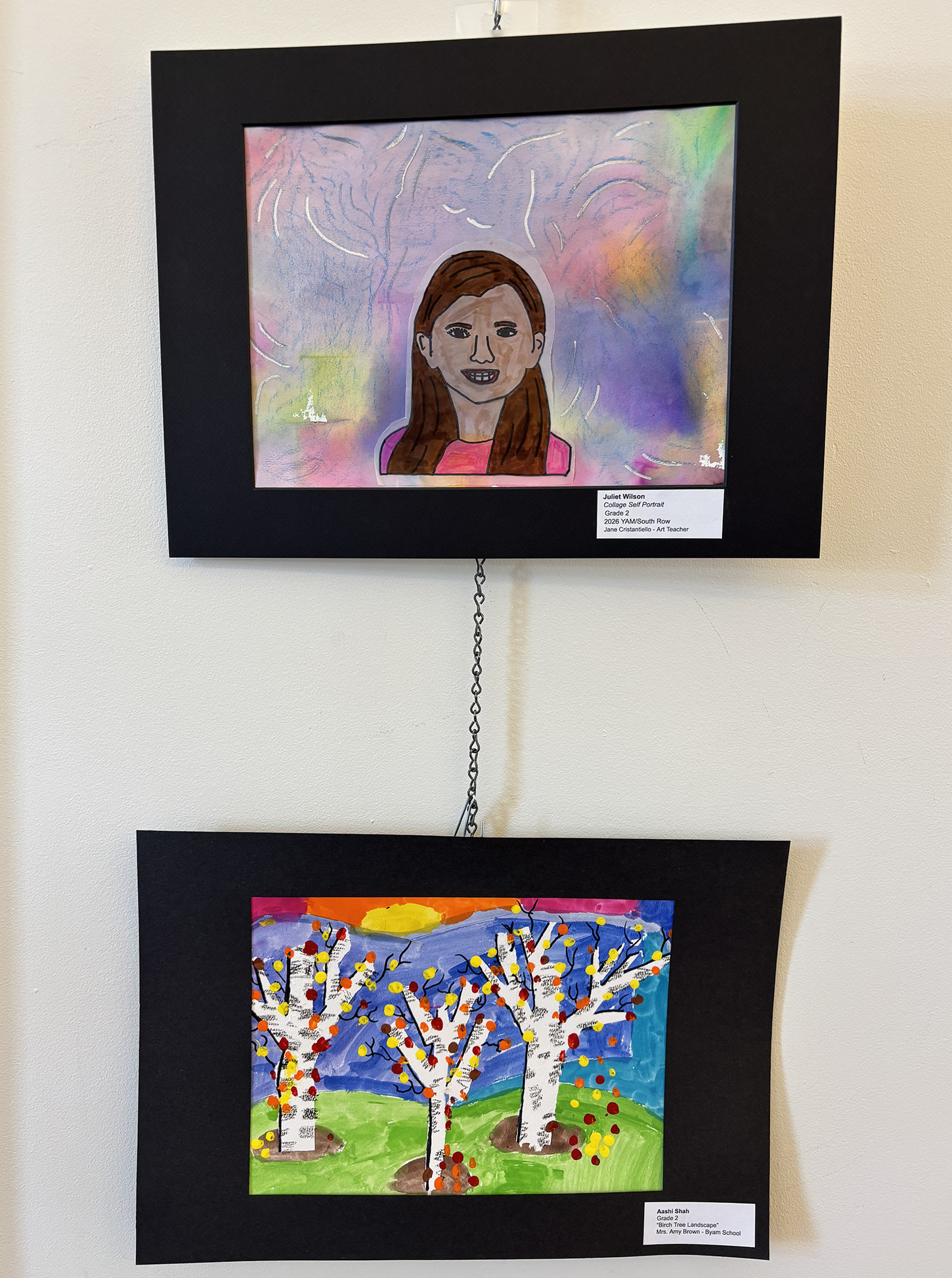 2026 Youth Art Month Exhibit entries on display at Chelmsford Public Library.