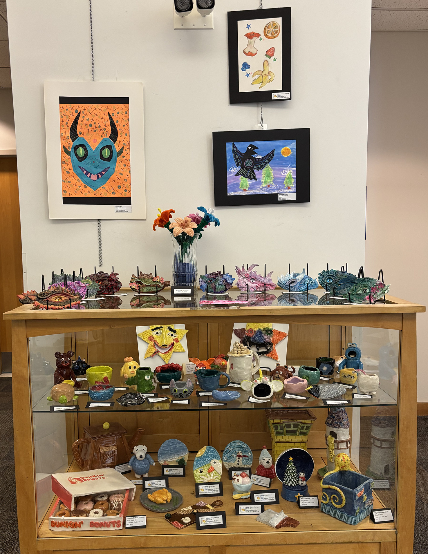2026 Youth Art Month Exhibit entries on display at Chelmsford Public Library.