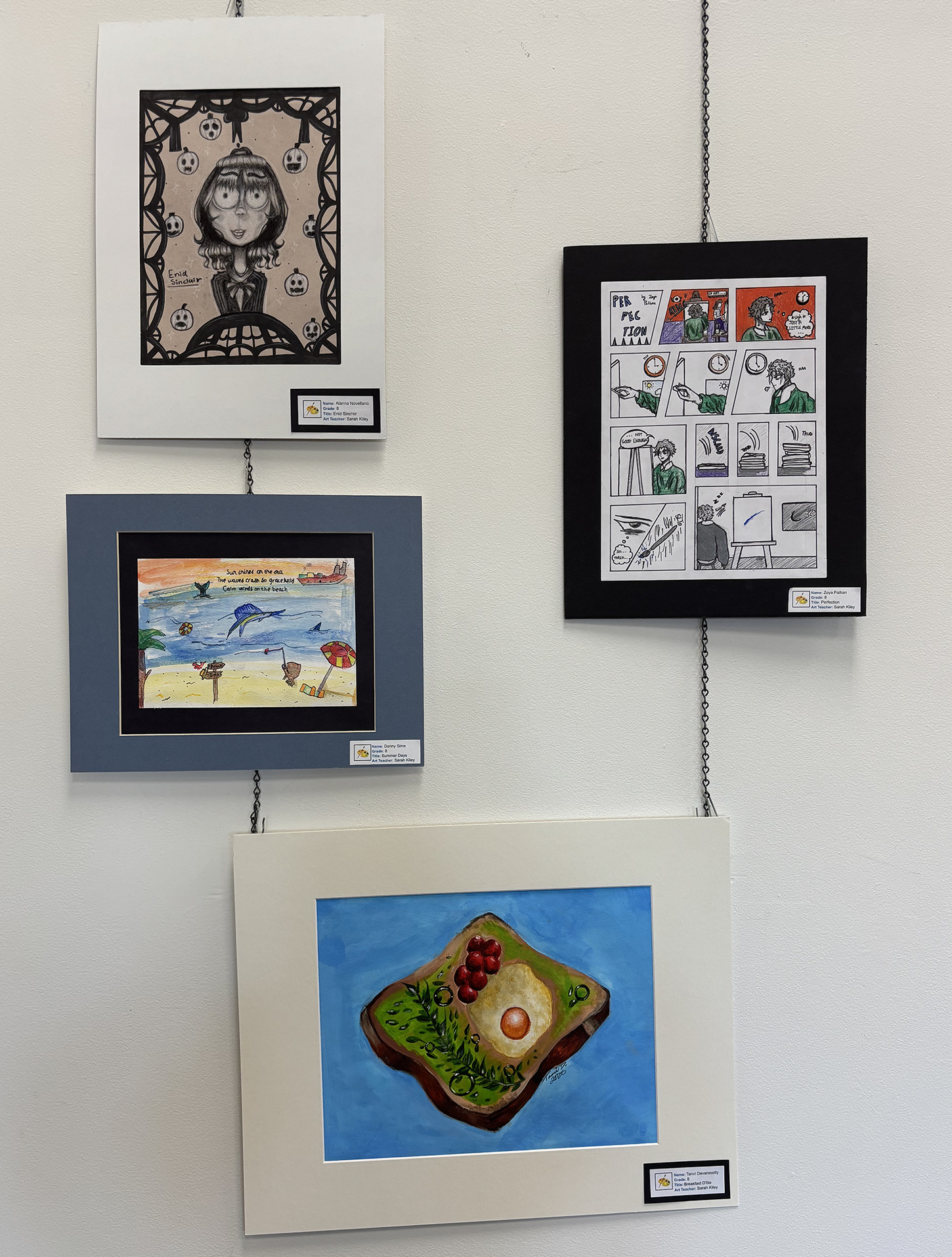 2026 Youth Art Month Exhibit entries on display at Chelmsford Public Library.