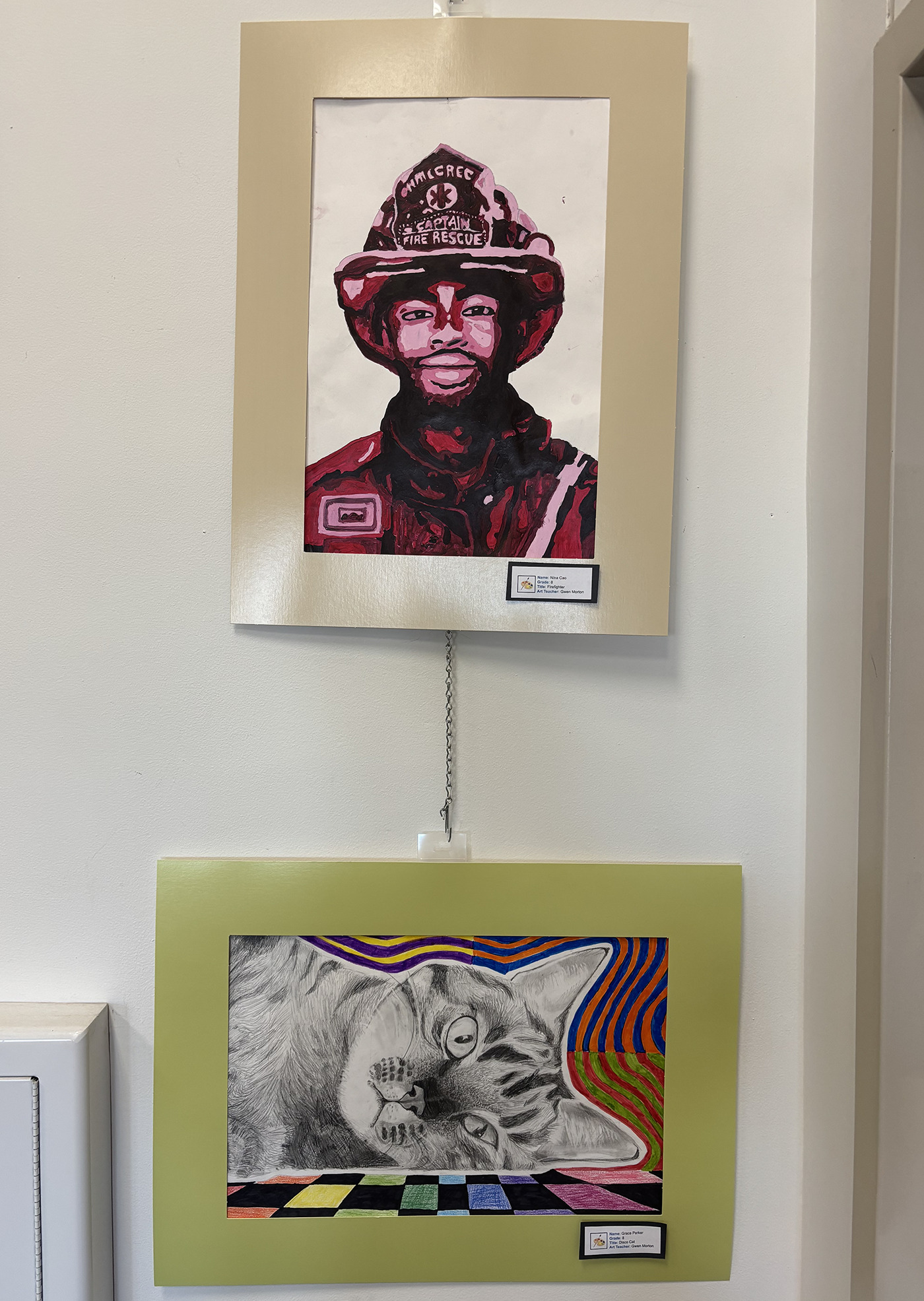 2026 Youth Art Month Exhibit entries on display at Chelmsford Public Library.