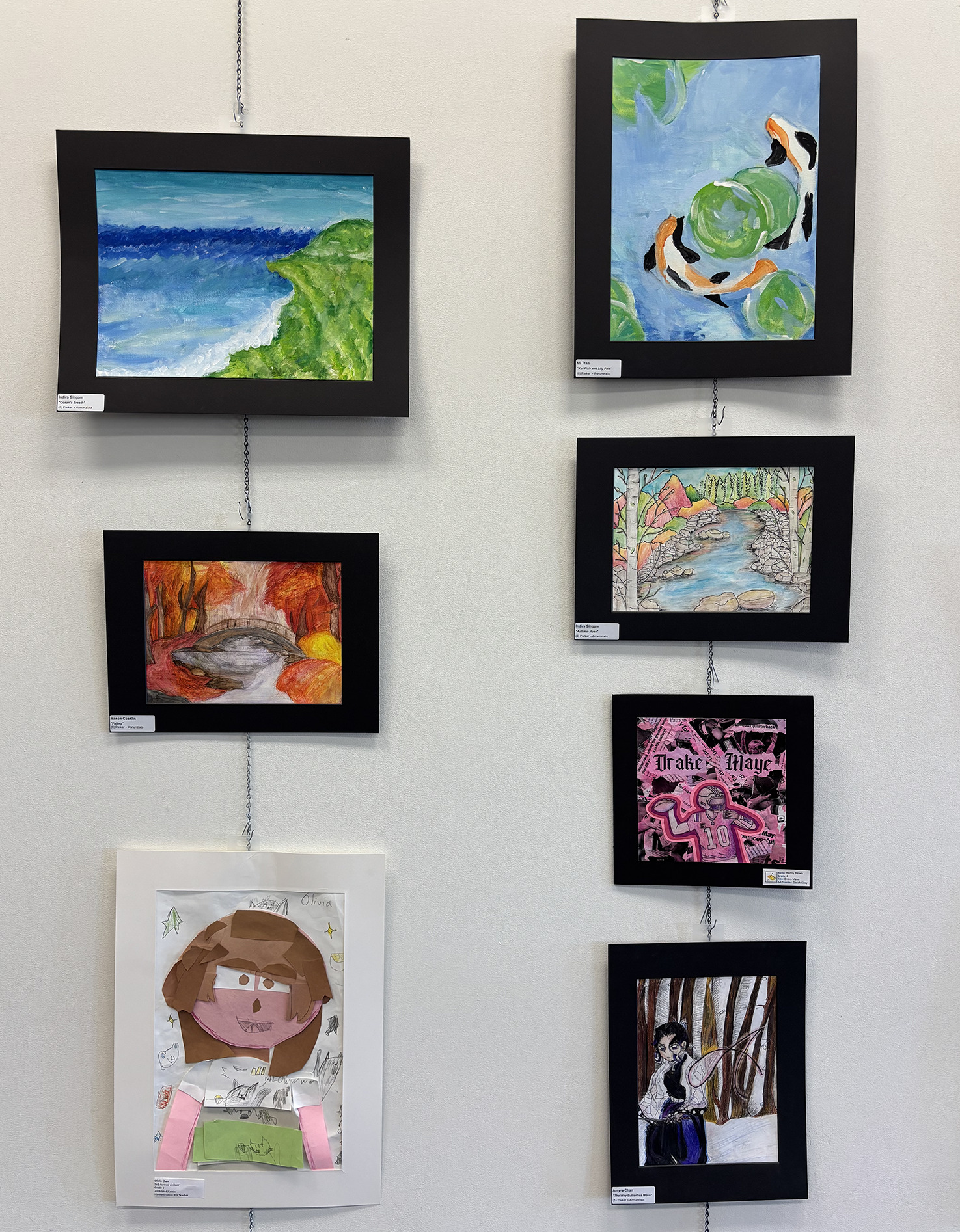 2026 Youth Art Month Exhibit entries on display at Chelmsford Public Library.