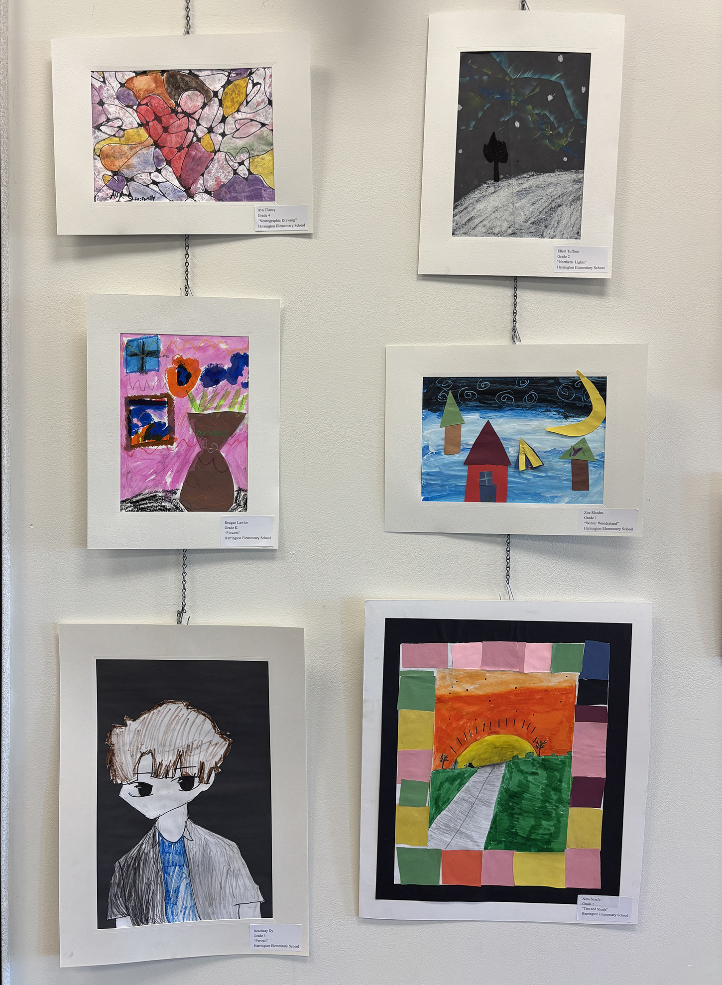 2026 Youth Art Month Exhibit entries on display at Chelmsford Public Library.