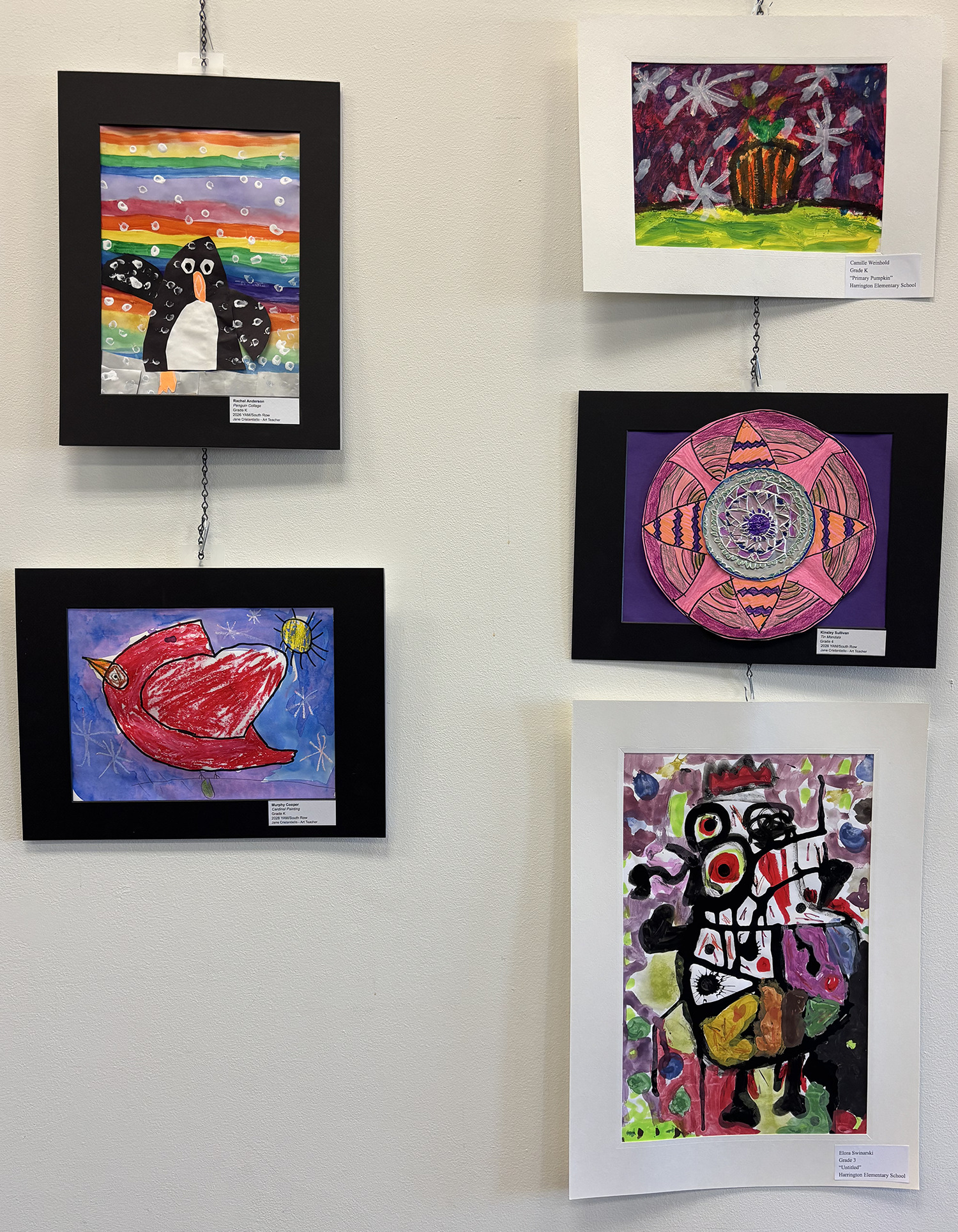 2026 Youth Art Month Exhibit entries on display at Chelmsford Public Library.