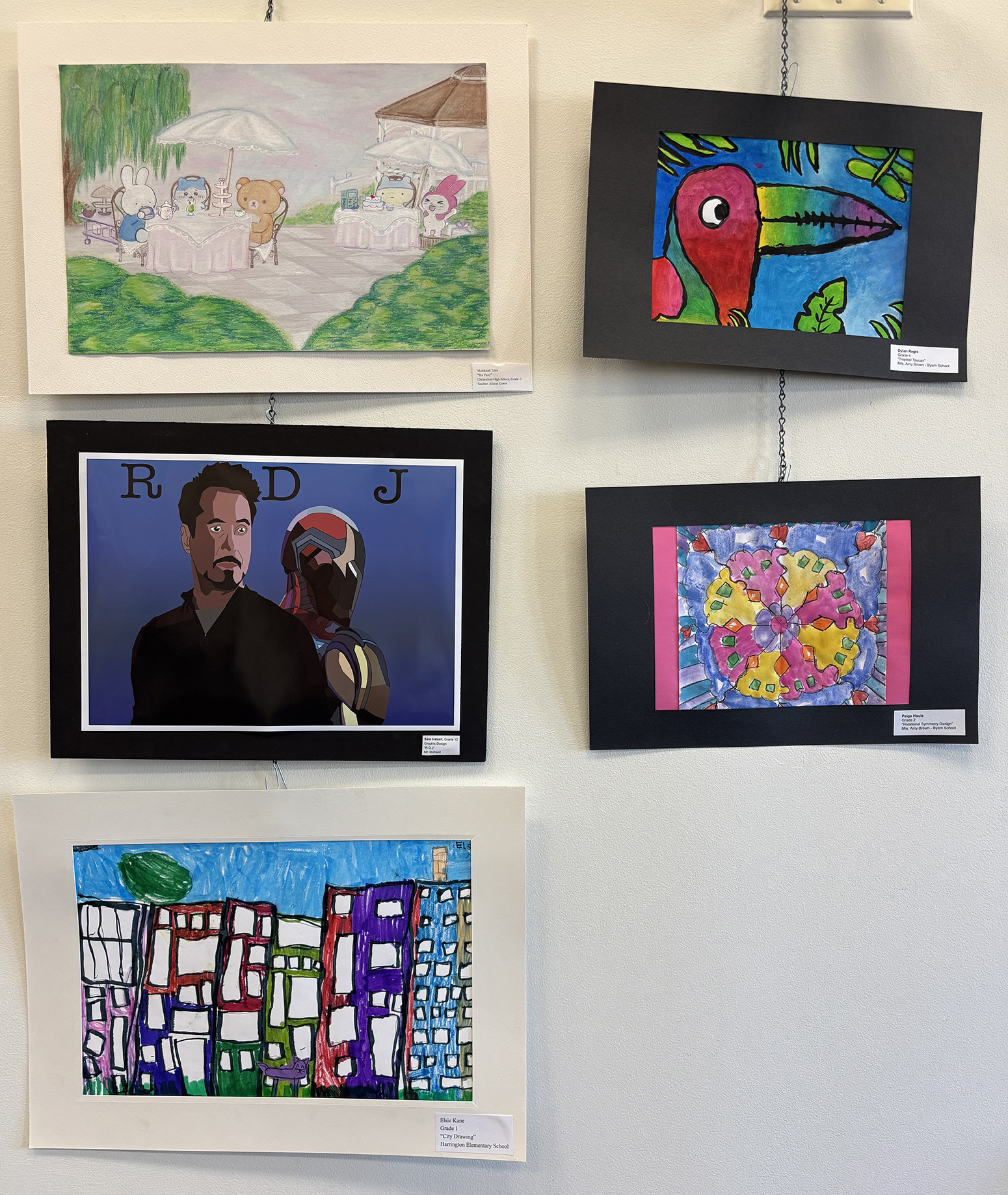 2026 Youth Art Month Exhibit entries on display at Chelmsford Public Library.
