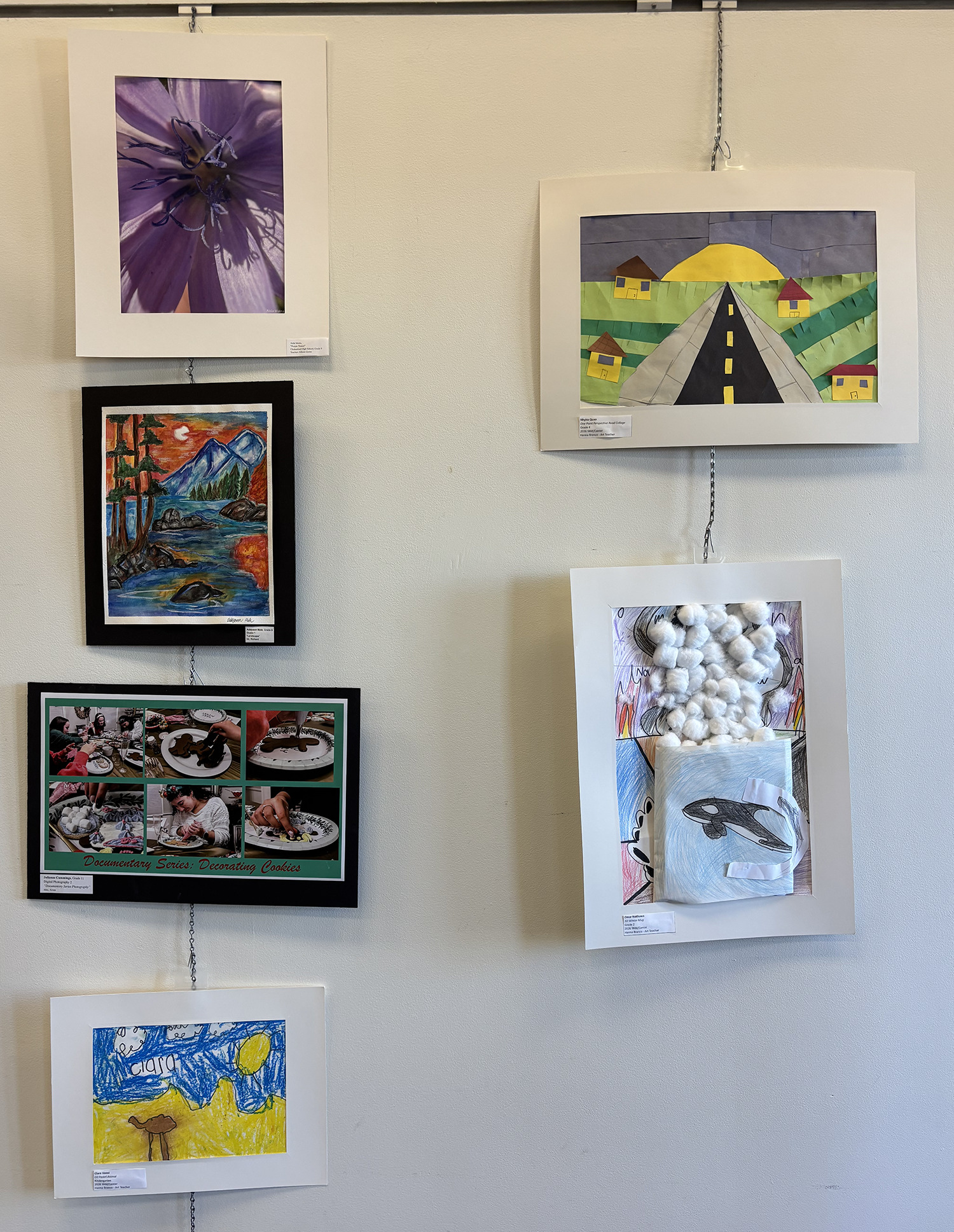2026 Youth Art Month Exhibit entries on display at Chelmsford Public Library.