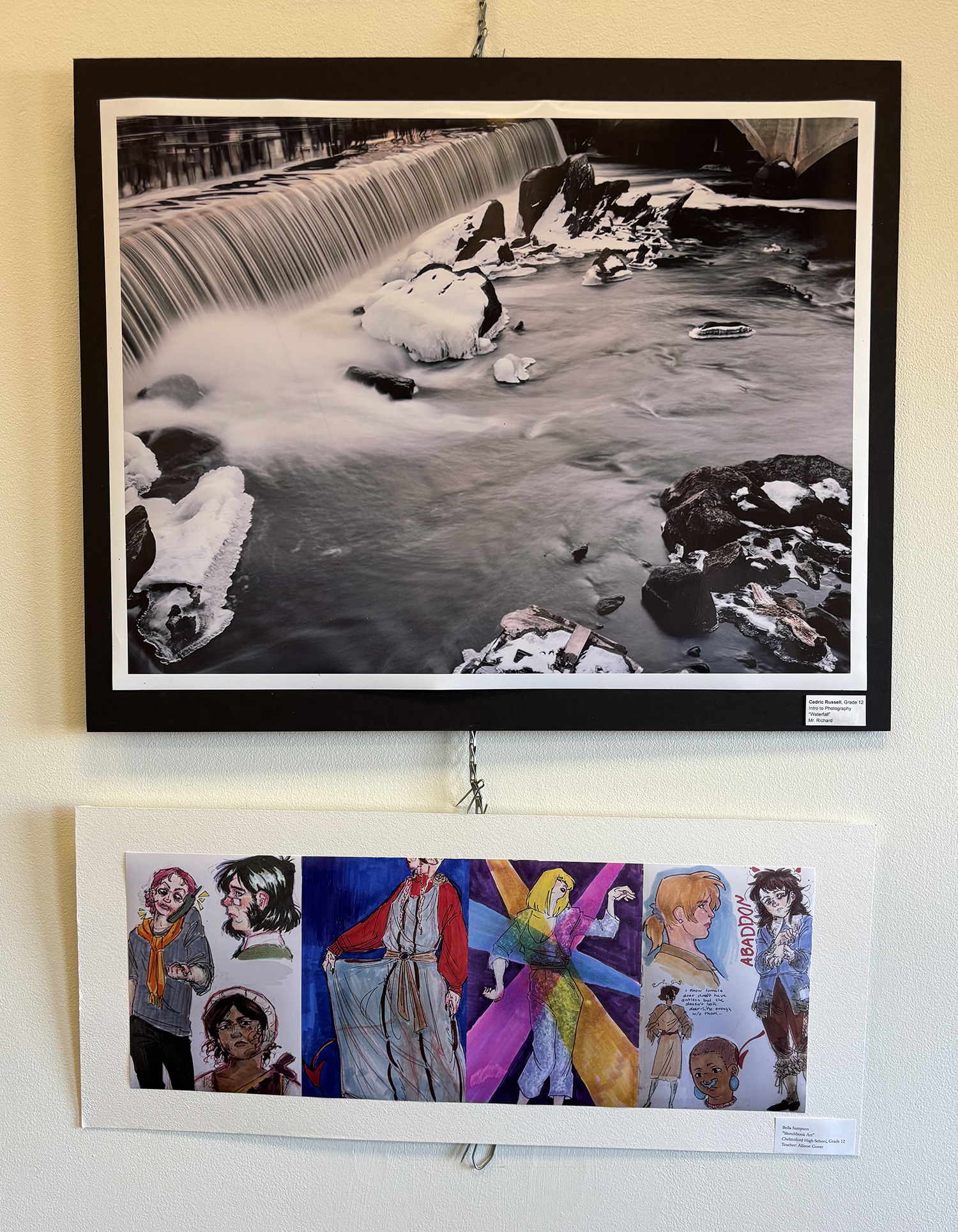 2026 Youth Art Month Exhibit entries on display at Chelmsford Public Library.