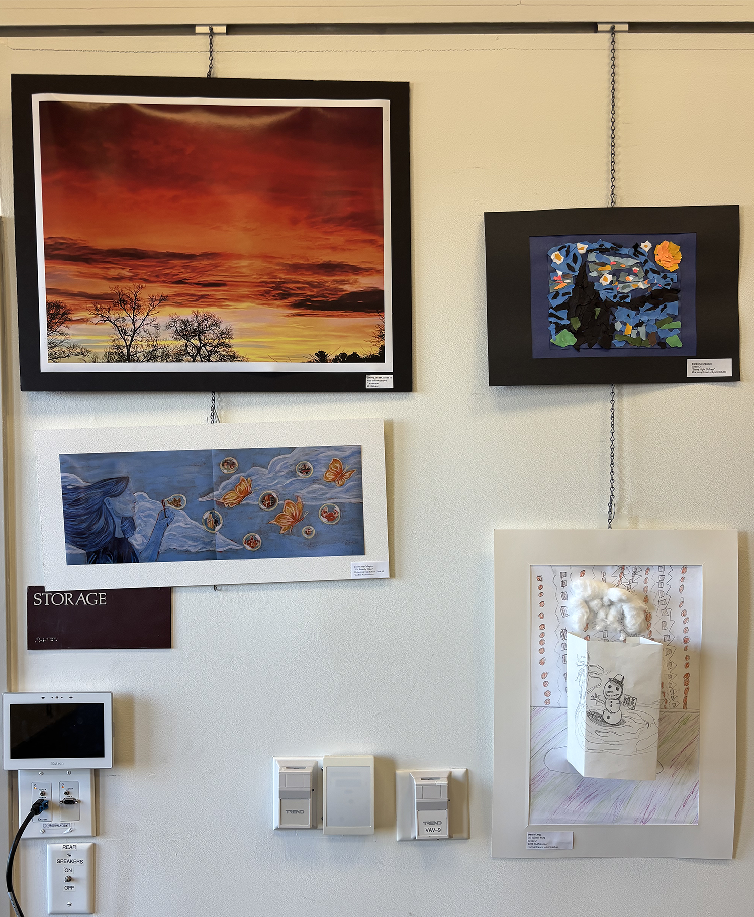 2026 Youth Art Month Exhibit entries on display at Chelmsford Public Library.