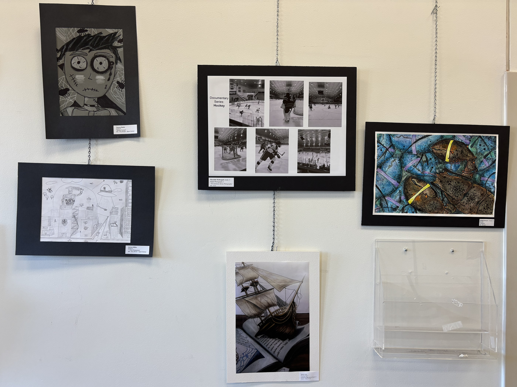 2026 Youth Art Month Exhibit entries on display at Chelmsford Public Library.