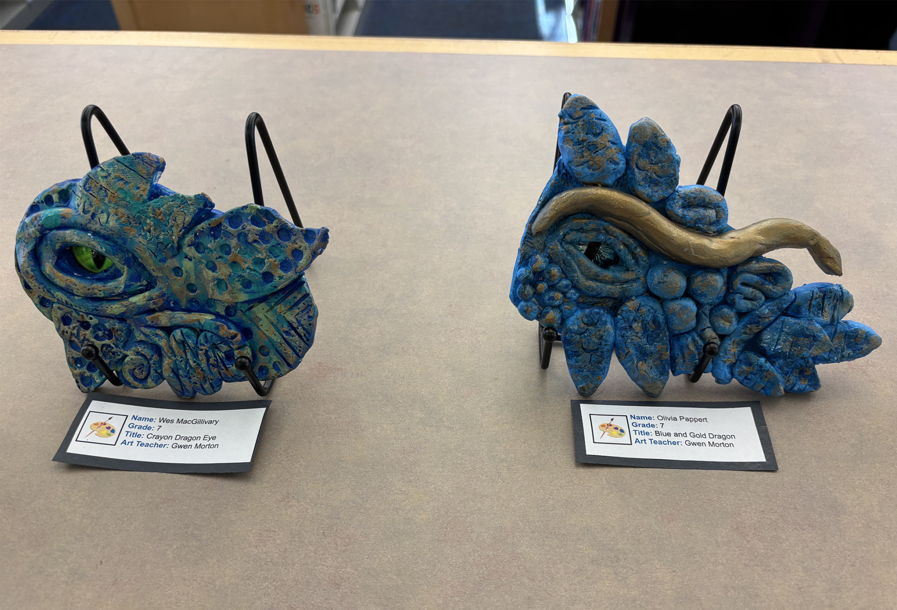 2026 Youth Art Month Exhibit entries on display at Chelmsford Public Library.