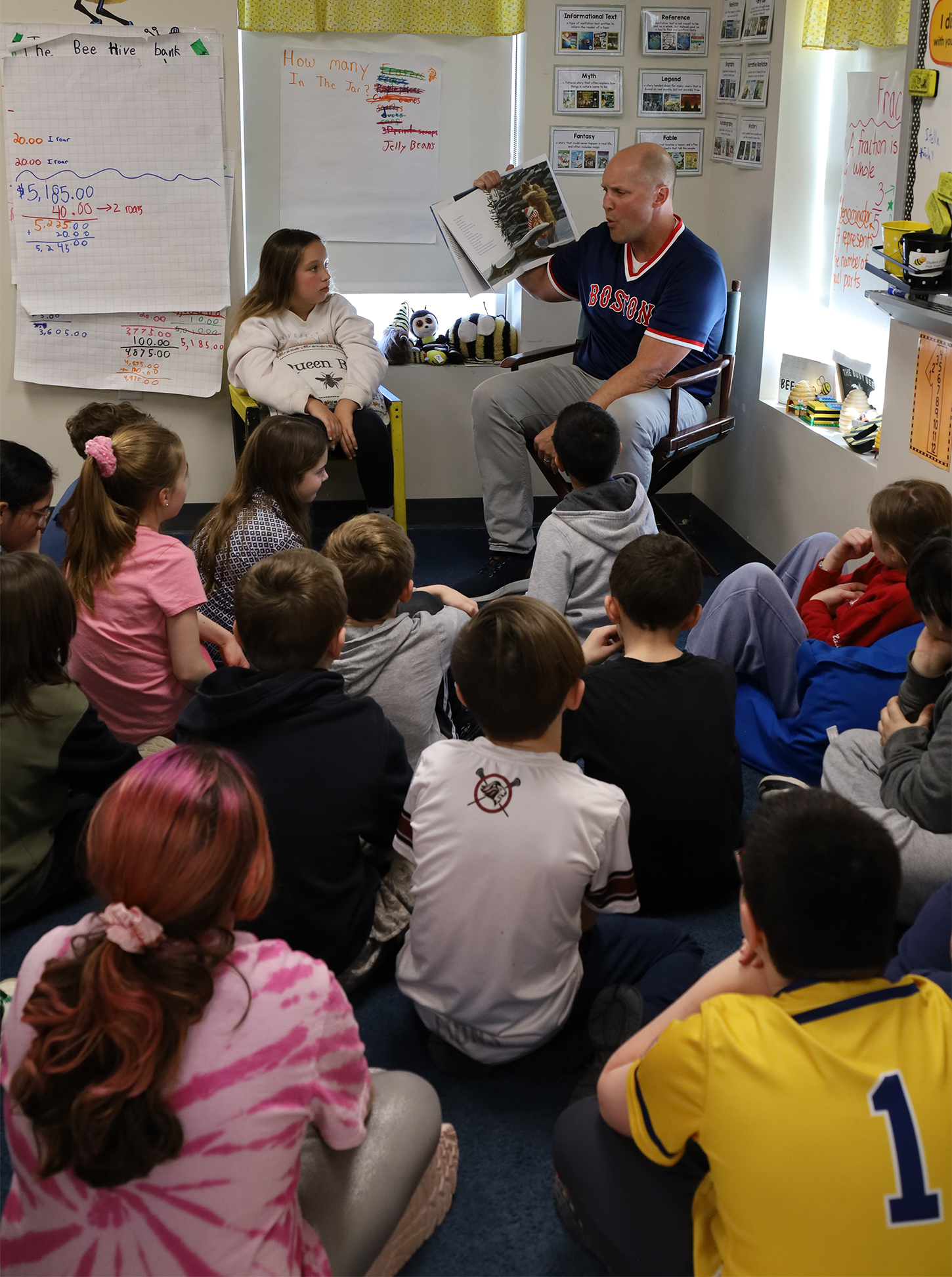 Parker Middle School Principal Josh Blagg reads “Owl Moon” to the students in Ms. Babson’s fourth grade class at Byam Elementary School during the annual Chelmsford Community Read-In on Wednesday, March 4.