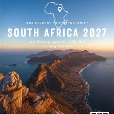 Flyer announcing an informational meeting about the CPS World Language Department's South Africa trip in 2027.