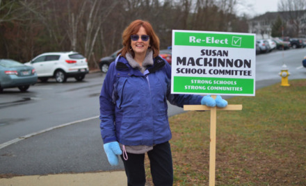 School Committee incumbent Susan Mackinnon stands outside the Chelmsford Senior Center polling station during the April 7, 2026, town election.