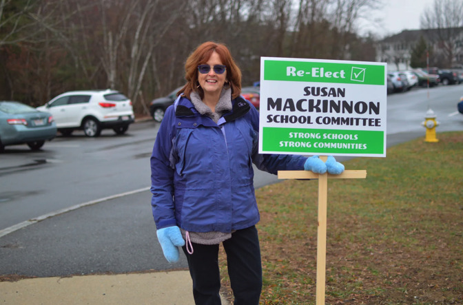 School Committee incumbent Susan Mackinnon stands outside the Chelmsford Senior Center polling station during the April 7, 2026, town election.