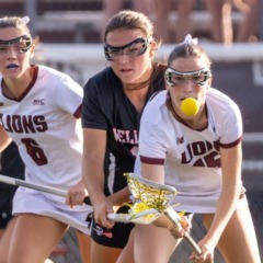 Chelmsford’s Marykate McDonald, front, and Wellesley’s Tara Battaglino battle for a loose ball during Chelmsford’s 7-6 girls lacrosse win on June 3, 2026.