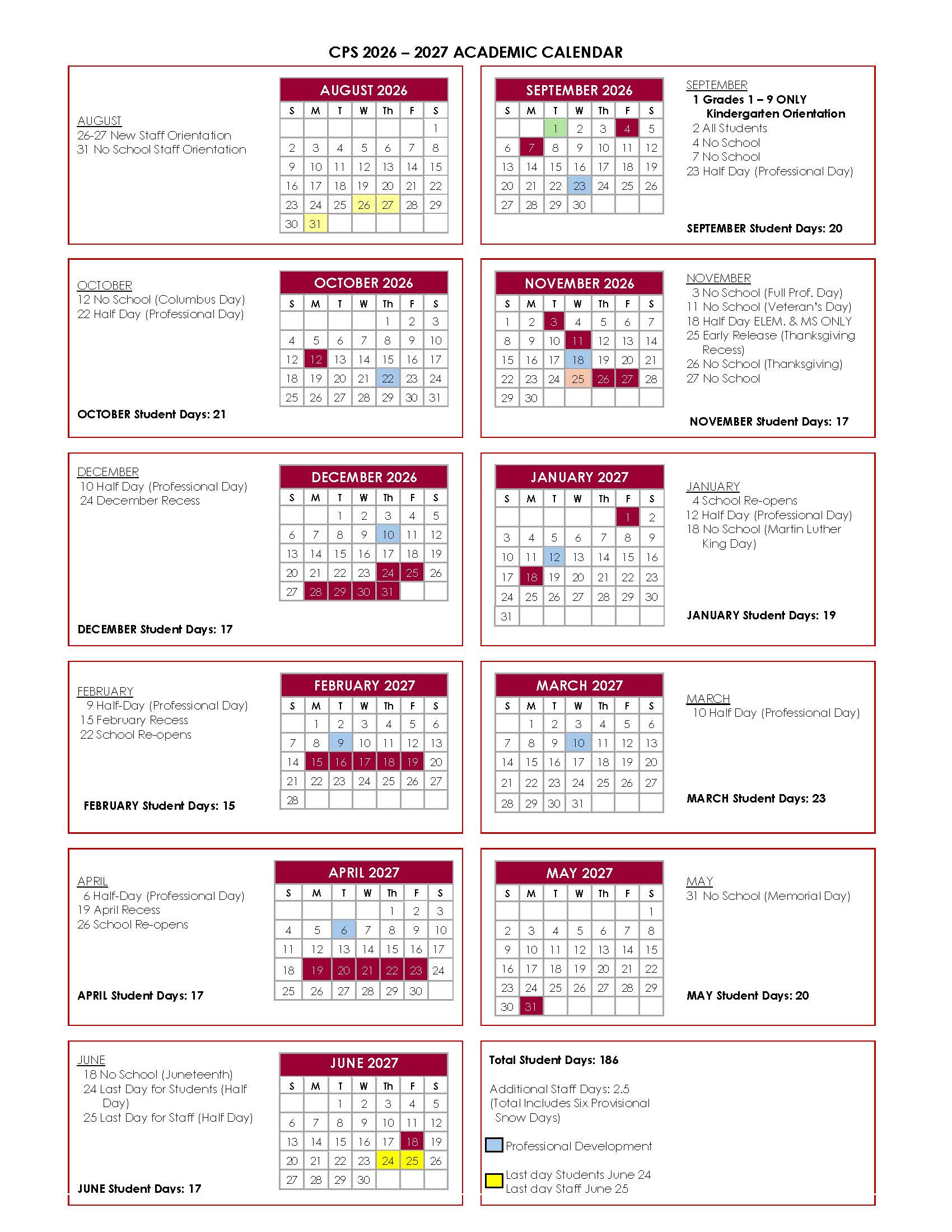 2026-27 Academic Calendar for Chelmsford Public Schools
