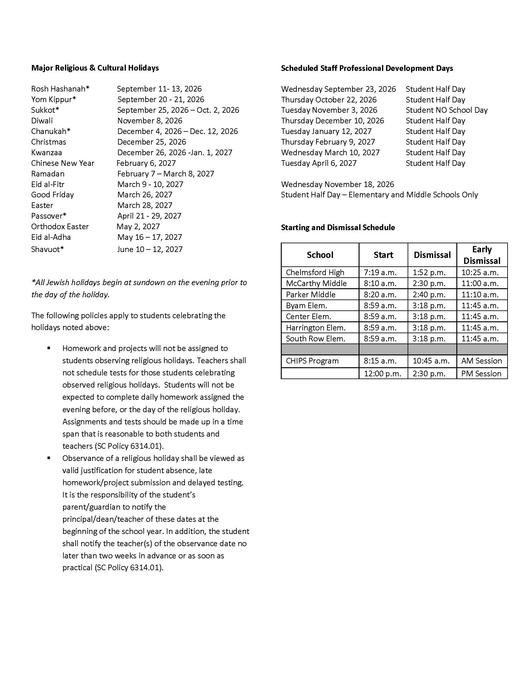 2026-27 Academic Calendar for Chelmsford Public Schools, Page 2