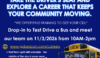 A blue and yellow recruitment flyer for NRT Bus Inc., advertising job openings with paid CDL training and test drive events.
